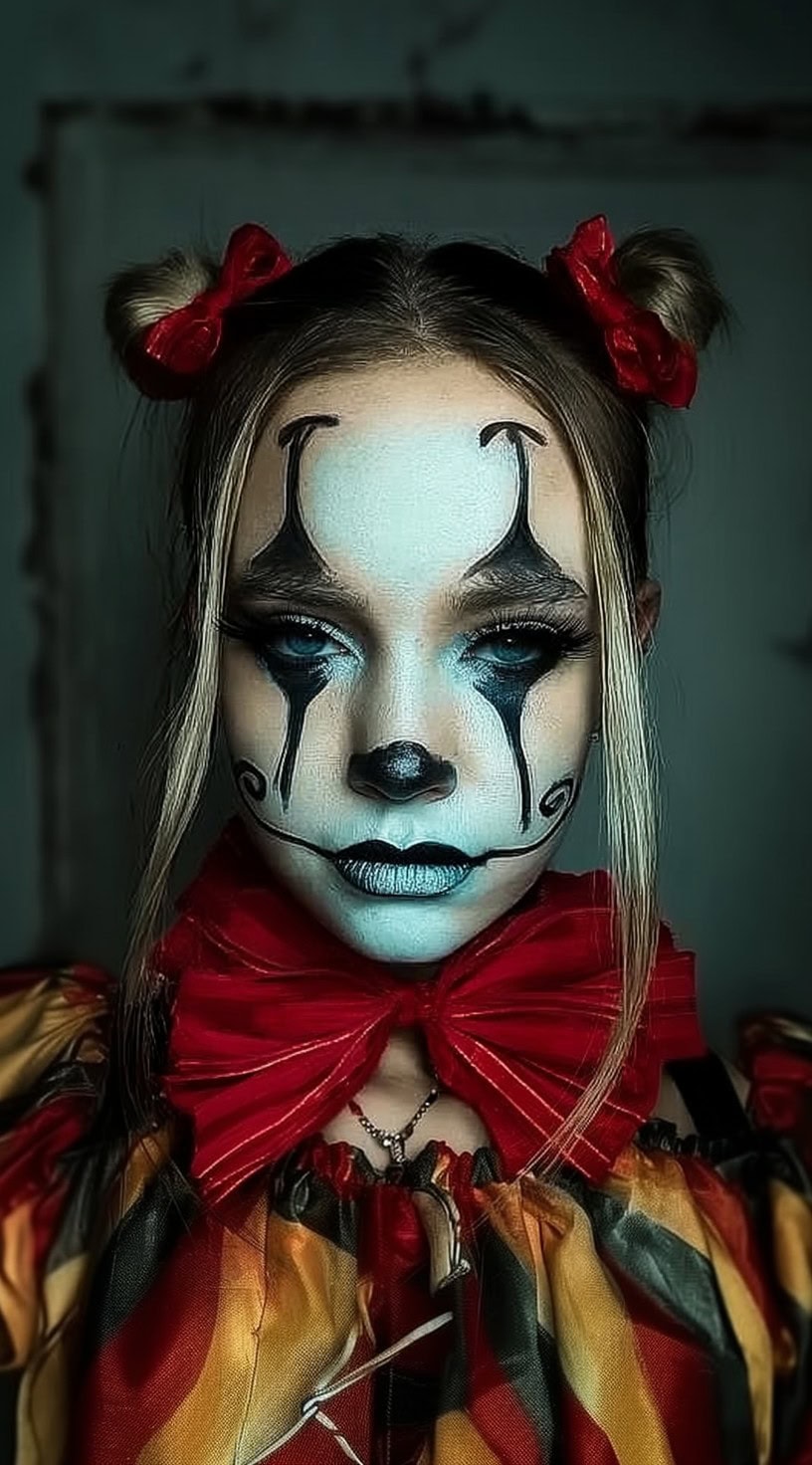 Person with two small space buns decorated with red bows, long face-framing strands, and minimalist black-and-white clown makeup.