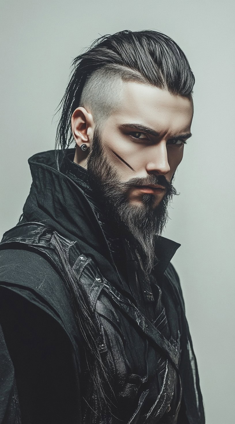 Modern mage with slicked-back hair, shaved sides, and a textured mustache and beard, giving a mystical yet edgy look.