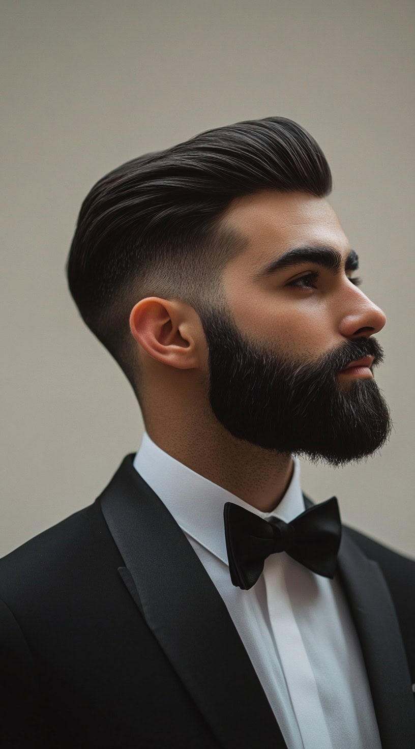 A man with a modern pompadour and a neatly trimmed beard, dressed in a tuxedo.