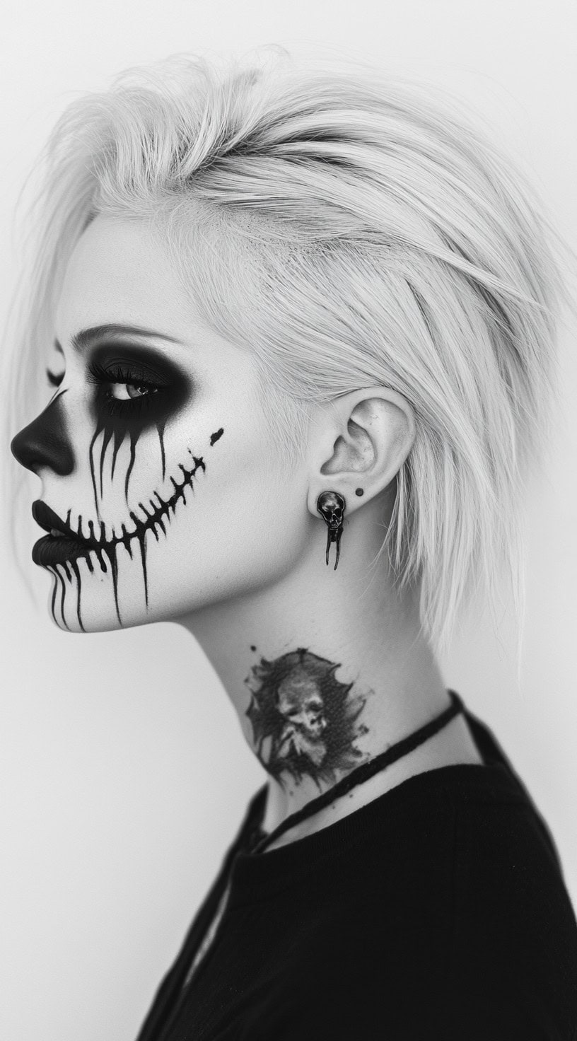 This image depicts a woman with a sleek bob tucked behind one ear, complemented by skeleton face makeup.