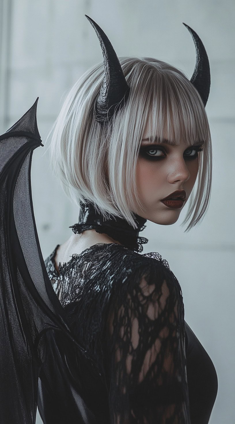 This photograph shows a woman with a short bob haircut, blunt bangs, and black horns.