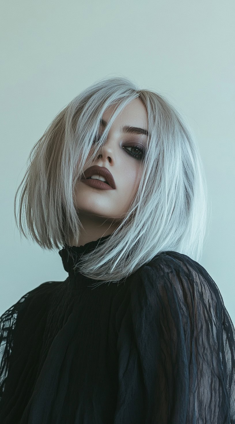 This photo features a woman with a platinum blonde asymmetrical bob.