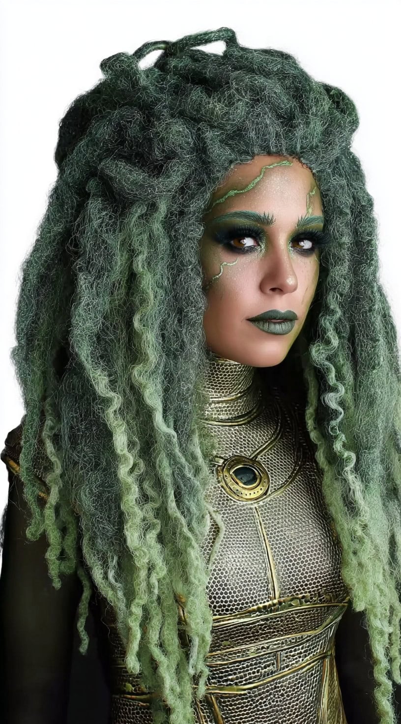 A woman with thick, mossy green textured locs styled like snakes, paired with green lipstick and golden armor.