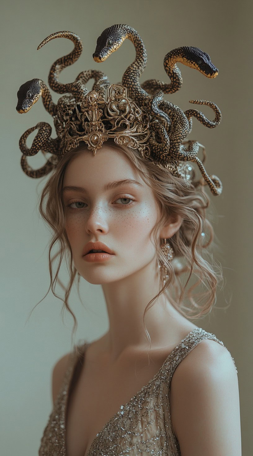 Young woman wearing a crown of multiple snakes, with her hair styled in soft, loose waves.