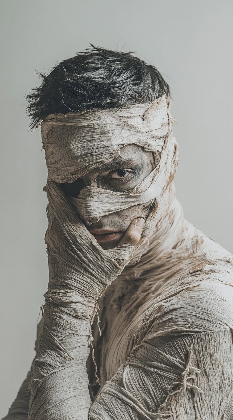 Mummy with hair partially wrapped in bandages, revealing loose strands and a haunting gaze.