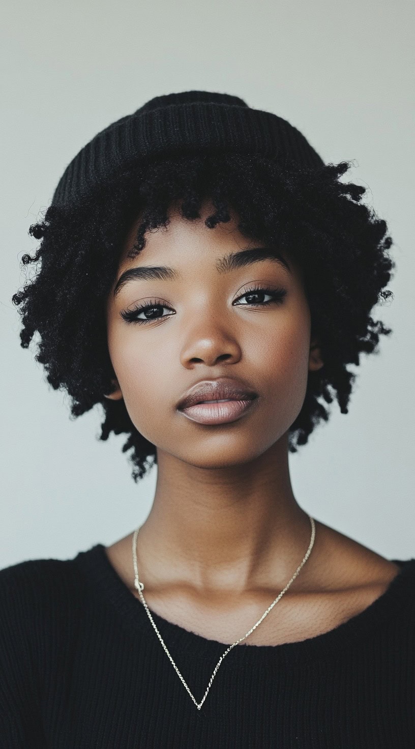 A young woman with a natural afro and a black beanie, showcasing her curls in a stylish, laid-back look.