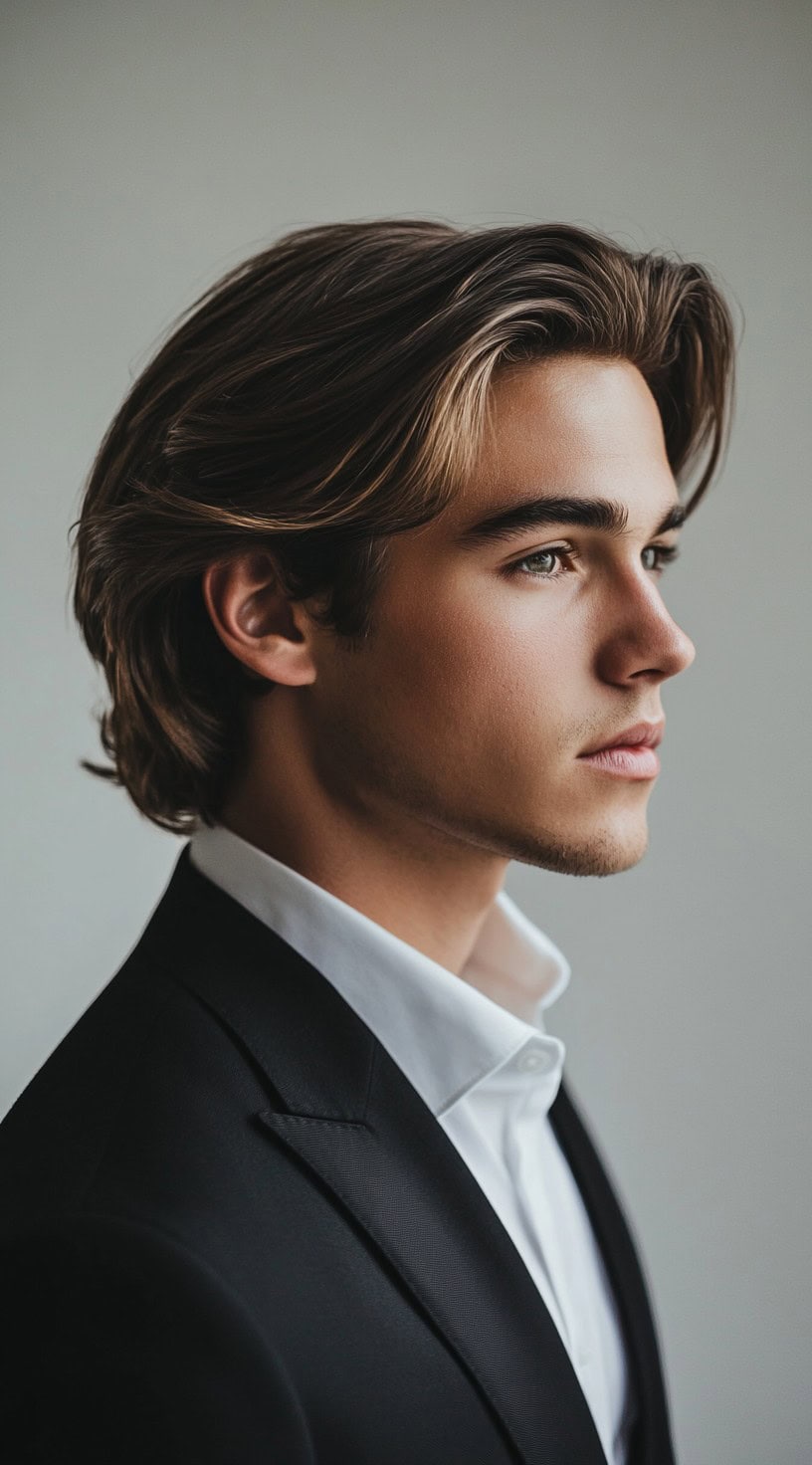 A young man with natural, flowing hair, dressed in a black suit.