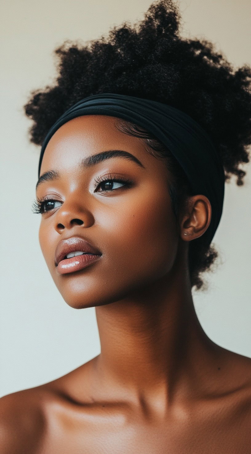 Close-up of a woman with a natural puff hairstyle and a black thick headband.