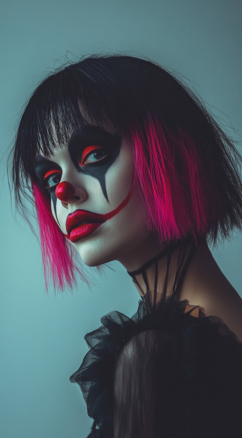 A person with a sharp bob haircut featuring neon pink tips, complemented by intense clown makeup.