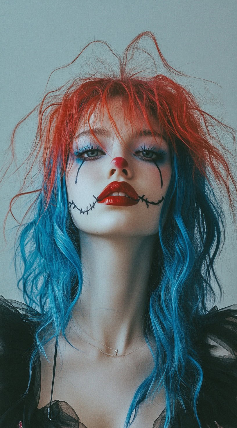 Neon red and blue ombre waves with wispy bangs and clown makeup.