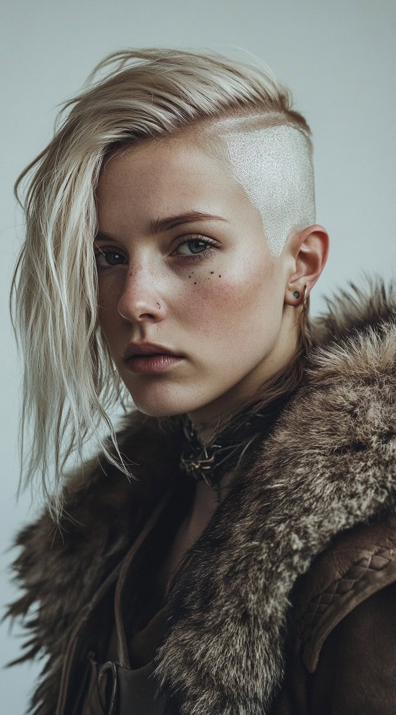 One-side shaved bob on a woman with platinum blonde hair and white face paint.