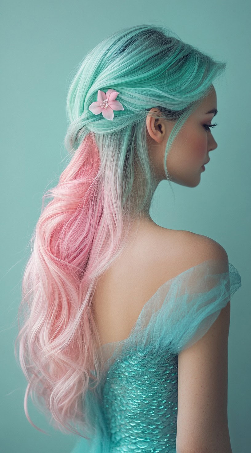 This image shows a person with pastel pink and teal hair styled in a half-updo with a flower clip.