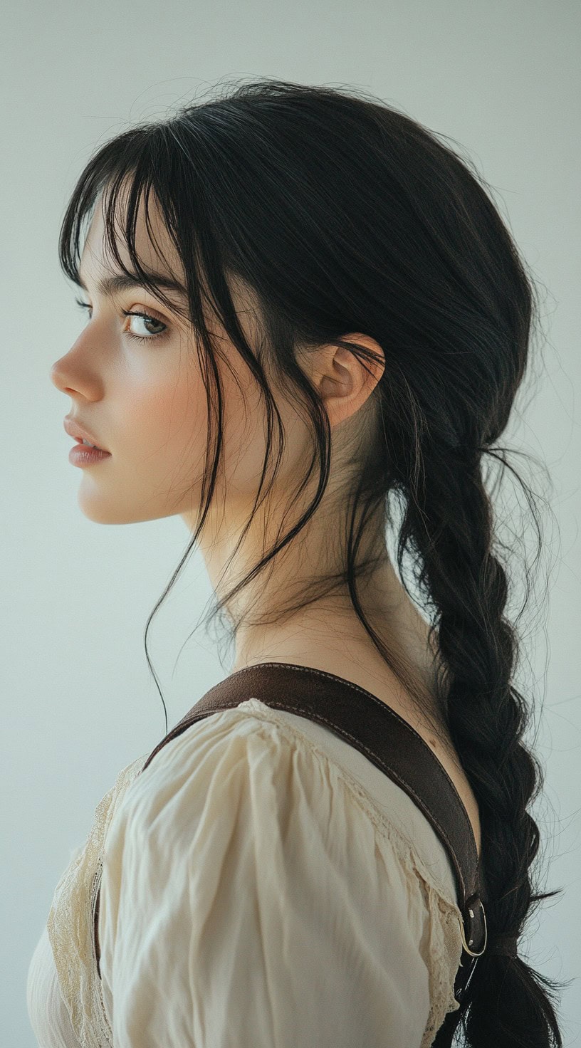 A woman with a low braided ponytail, wispy bangs, and framing tendrils.