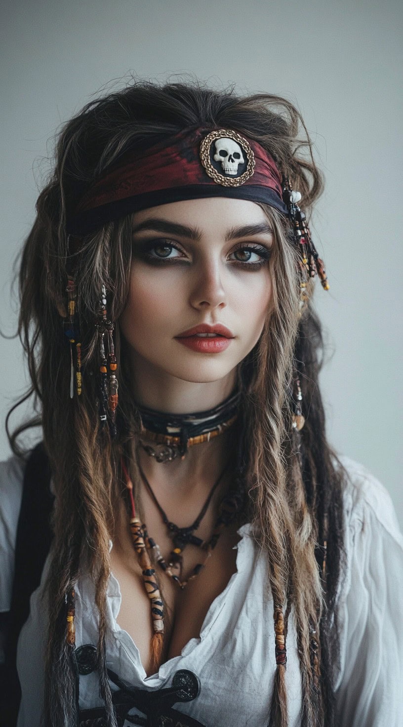 This photo shows a woman with loose braids adorned with beads and a headband, creating a pirate look.