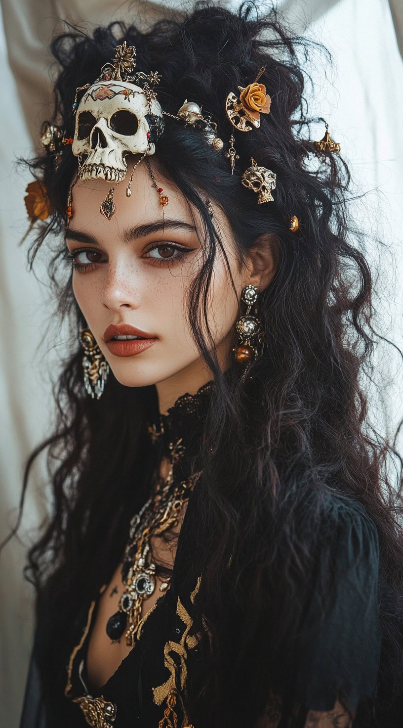 A woman with soft curls styled half-up half-down, adorned with a skull centerpiece and various hair trinkets.