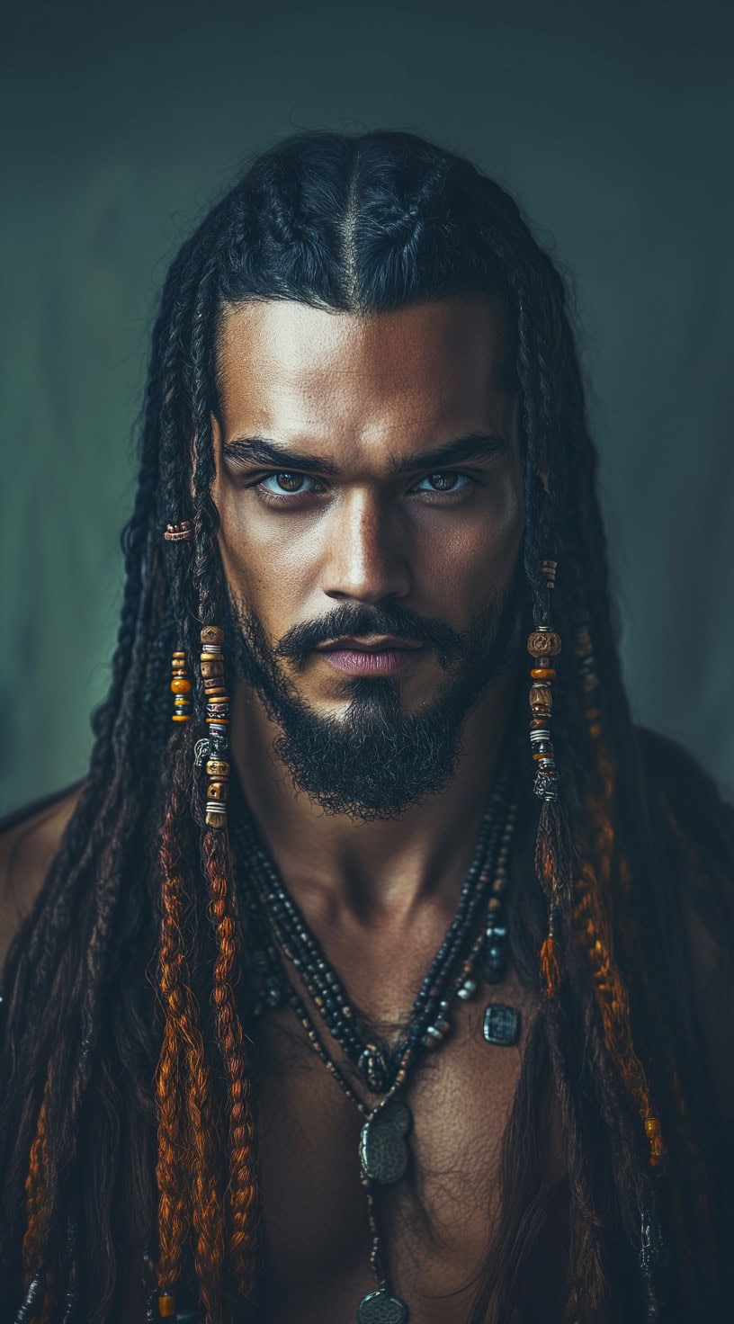 Pirate with long, messy hair, decorated with braids and beads, evoking a rugged, adventurous spirit.