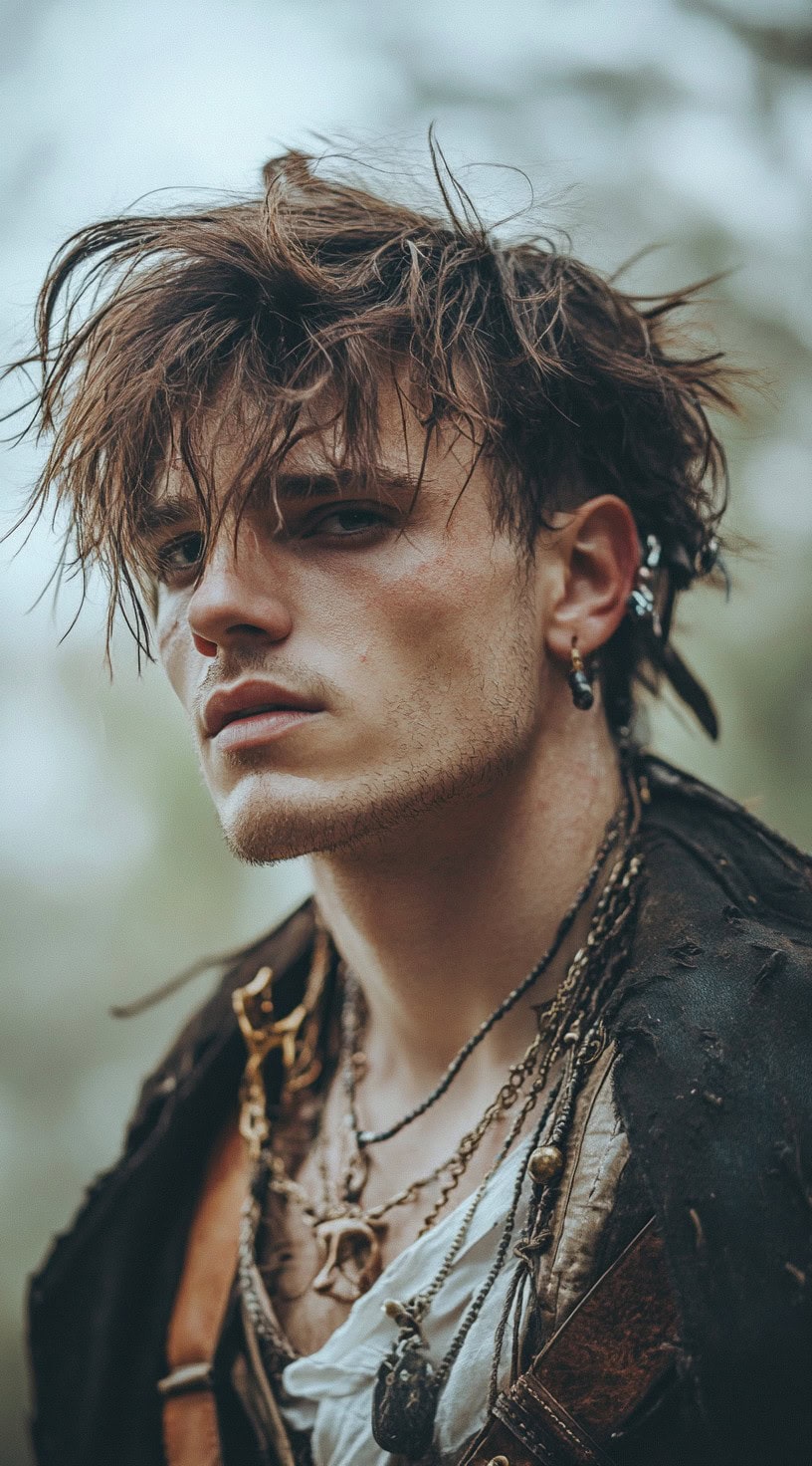 Man with short, tousled hair giving a textured and rugged appearance, wearing pirate attire with multiple necklaces.