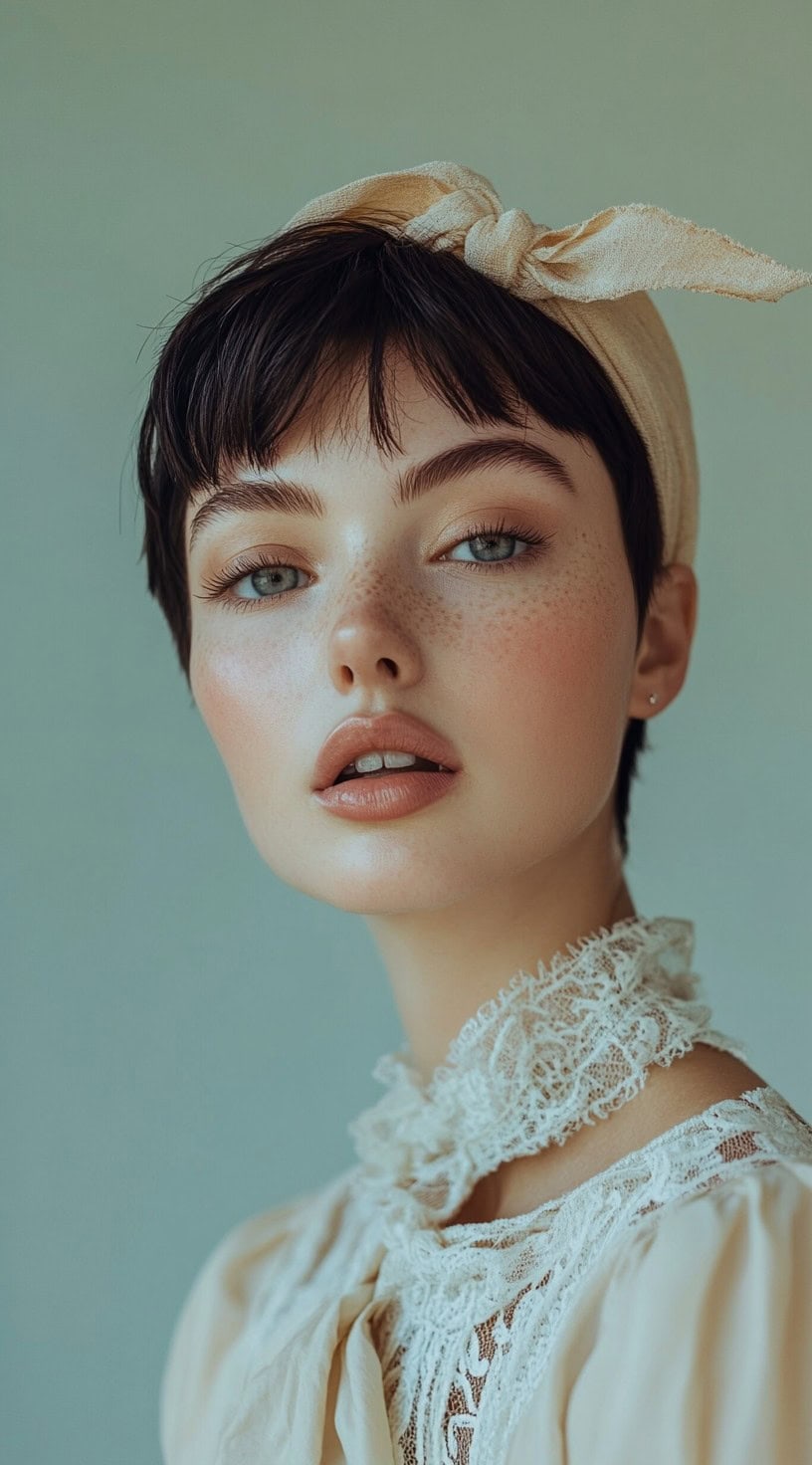 Close-up of a woman with a short pixie cut and a beige knotted fabric headband.