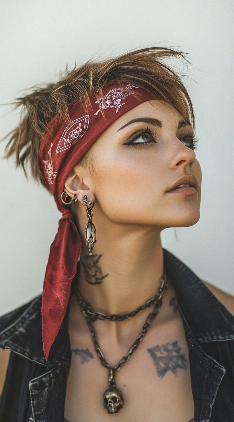 A woman with a pixie cut and a red bandana tied around her head.