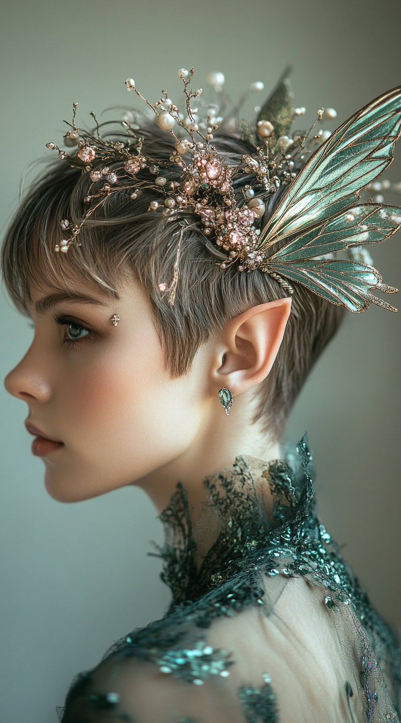 In this photo, a woman with a short pixie cut is adorned with intricate fairy wing accessories, giving her a magical and ethereal look.