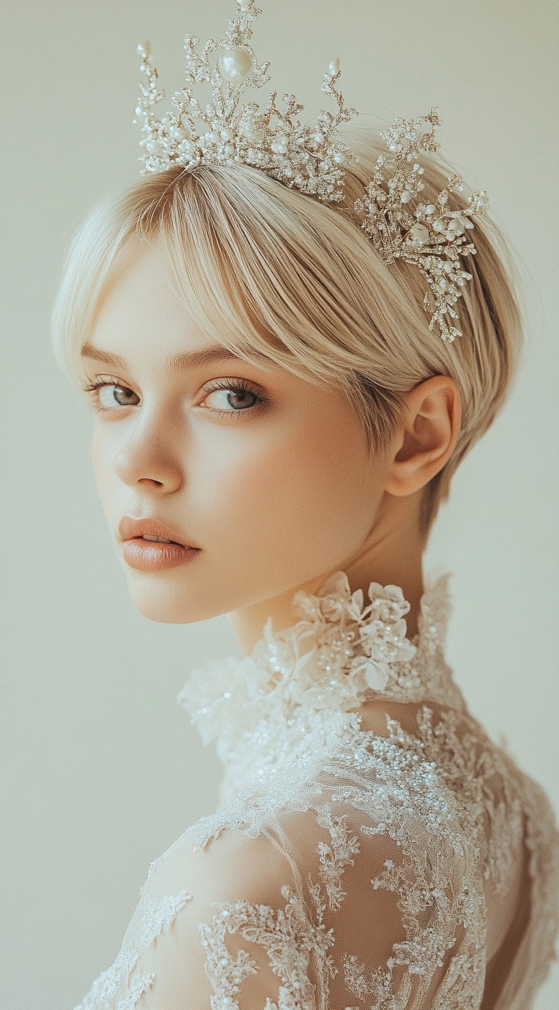 Profile view of a woman with a short pixie cut adorned with an ornate tiara, showcasing a modern take on a regal look.