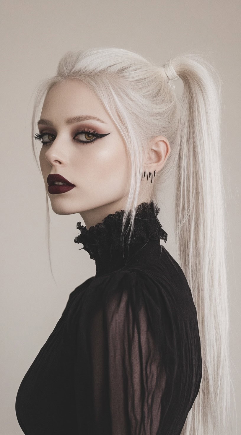 Side view of a woman with a sleek high ponytail in platinum white, with loose tendrils framing her face and vampire makeup.