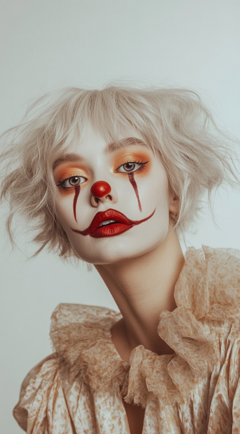 Tousled platinum blonde bob with curtain bangs and clown makeup.