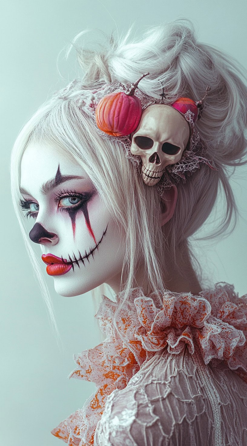 Elegant updo with platinum blonde hair and skull and pumpkin accessories.