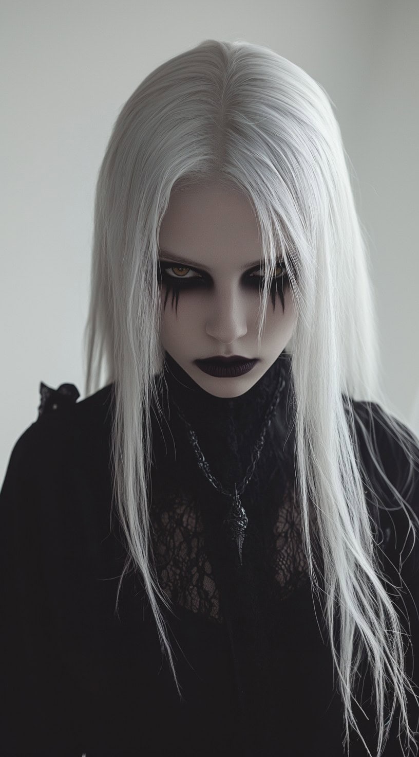 Front view of a woman with sleek platinum hair, middle parted and featuring split bangs, styled with vampire makeup.