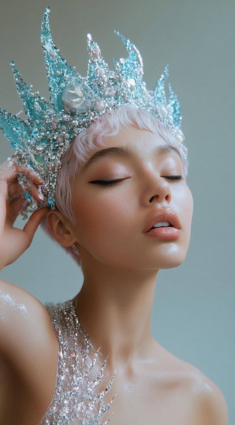 This image shows a person with a short, platinum pink pixie cut, adorned with a sparkling sea queen crown.