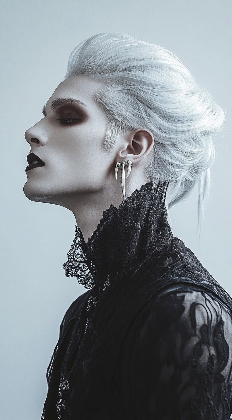 Side profile of a man with a platinum blonde pompadour and intricate lace clothing.