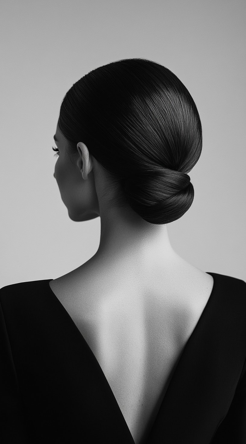 A rear view of a woman with a low, sleek bun, wearing a black dress.