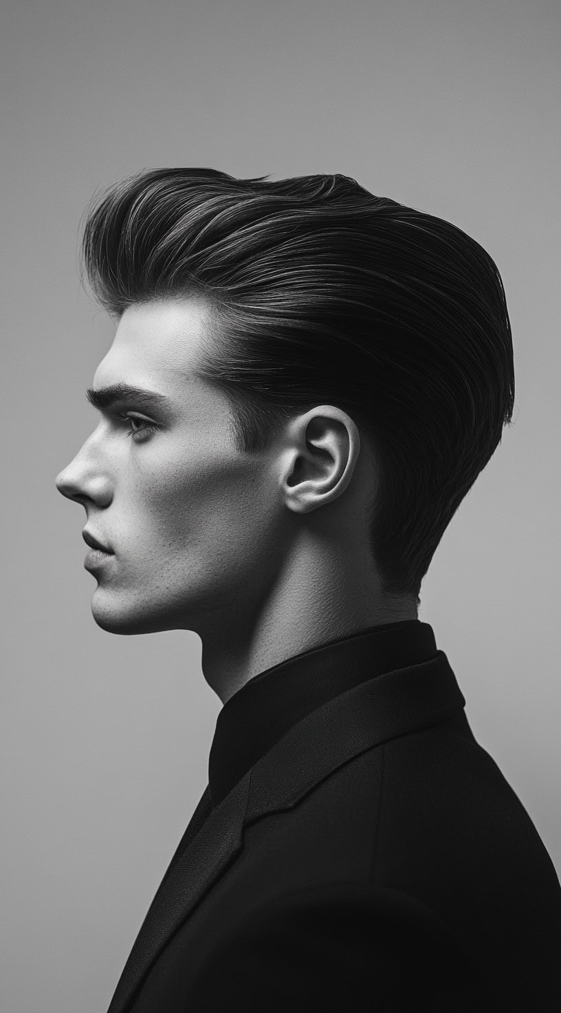 A side profile of a man with a high pompadour hairstyle, dressed in formal attire.