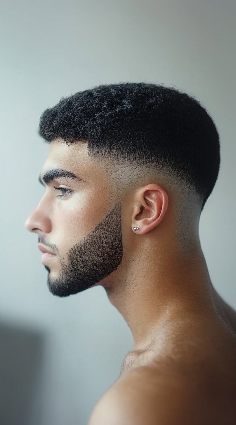 Side profile of a man with a precision fade and short, textured curls, offering a sleek and polished appearance.