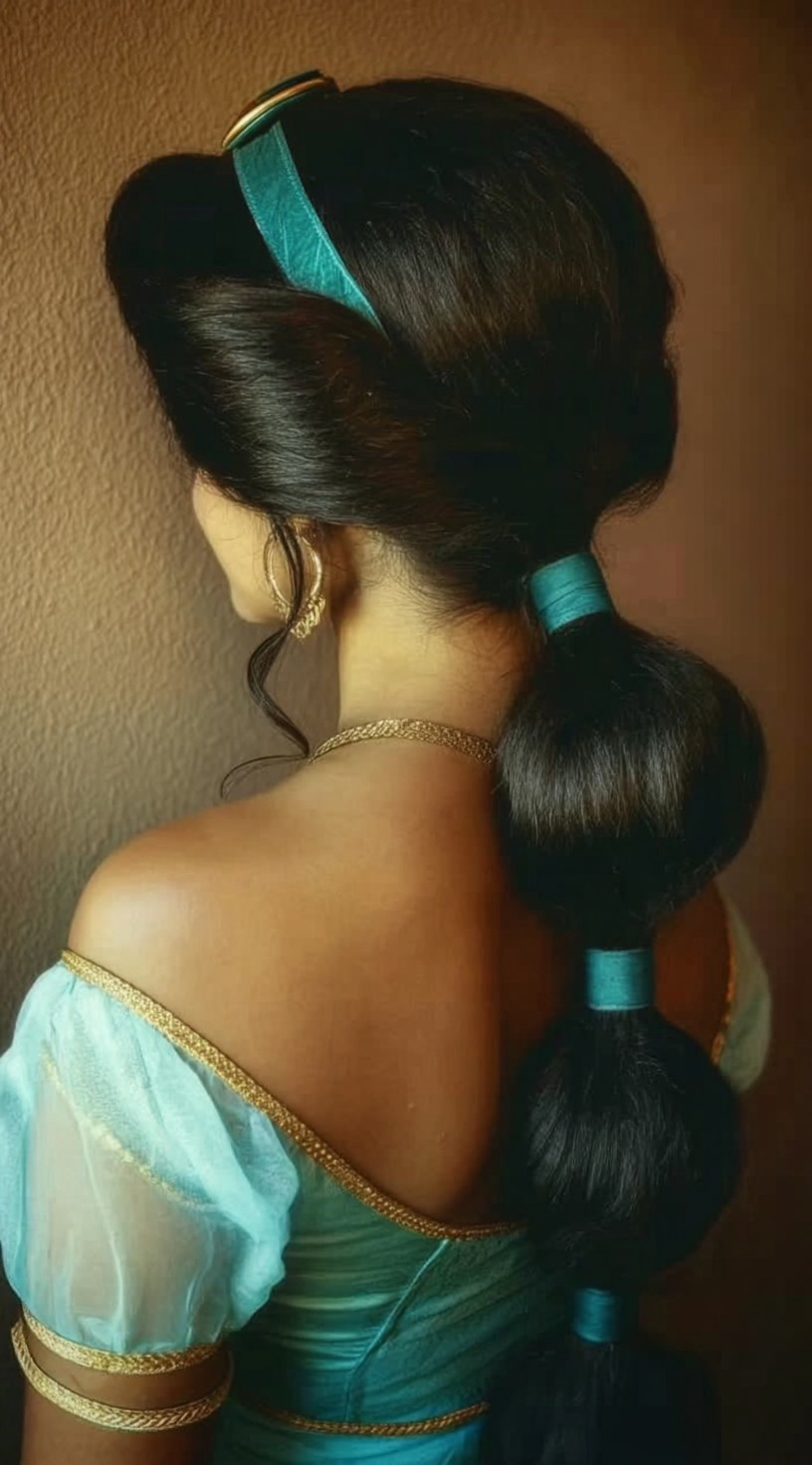 A back view of a segmented bubble ponytail wrapped in teal ribbon, paired with an off-shoulder turquoise outfit.