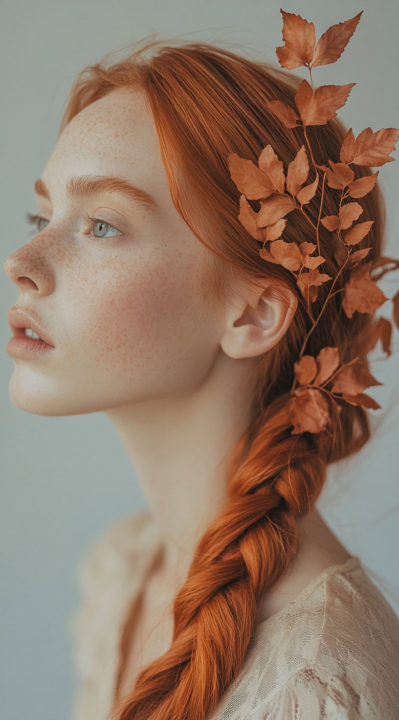 This photo shows a woman with a long, orange cascading braid adorned with fall leaf accessories.