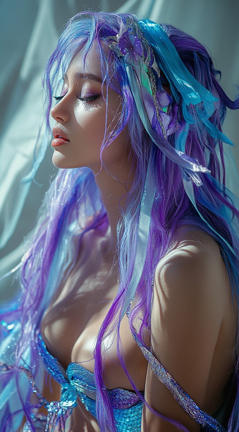 This image shows a person with long purple and blue hair, decorated with turquoise ribbons.