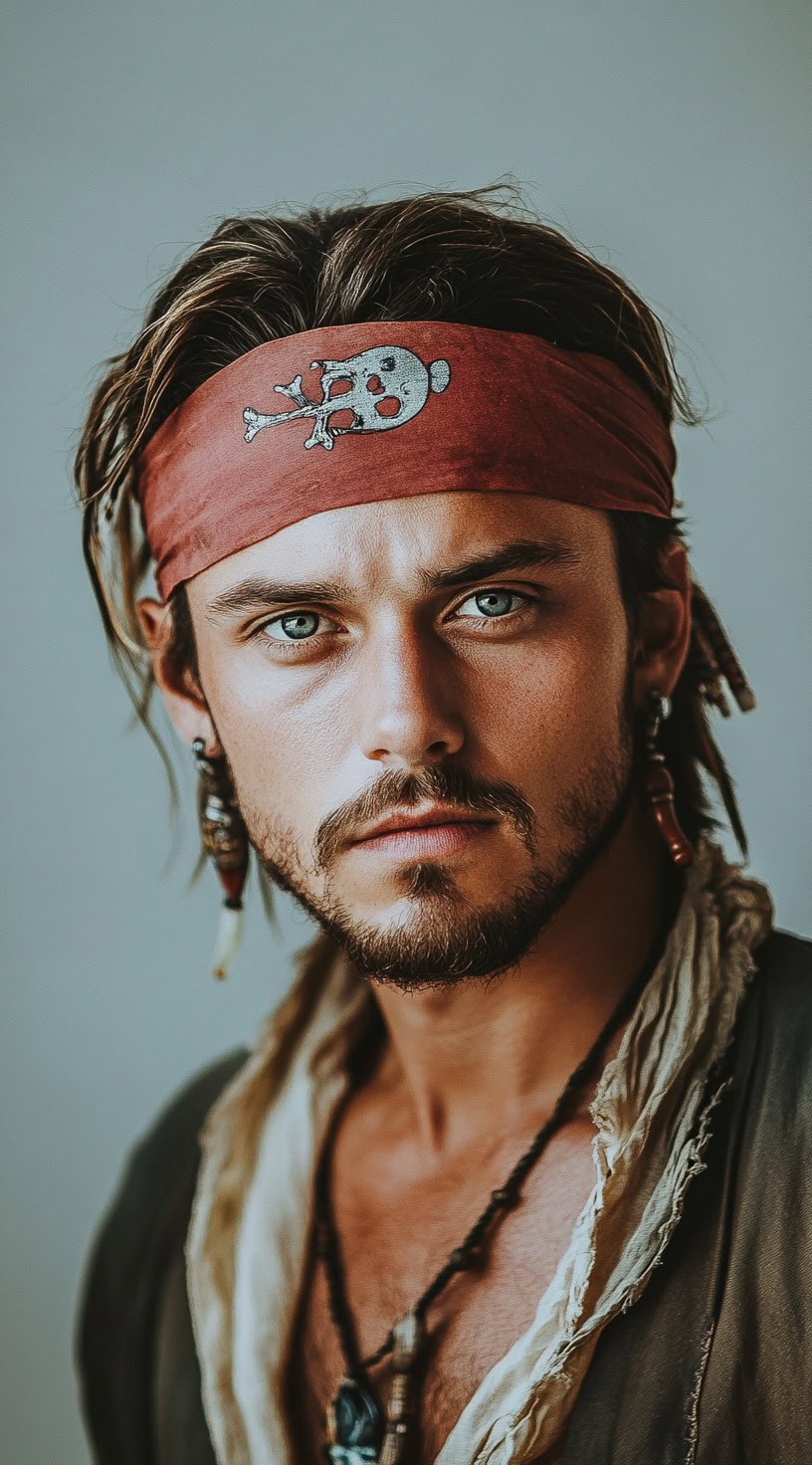 Man with medium-length hair pushed back under a red bandana with a skull print.