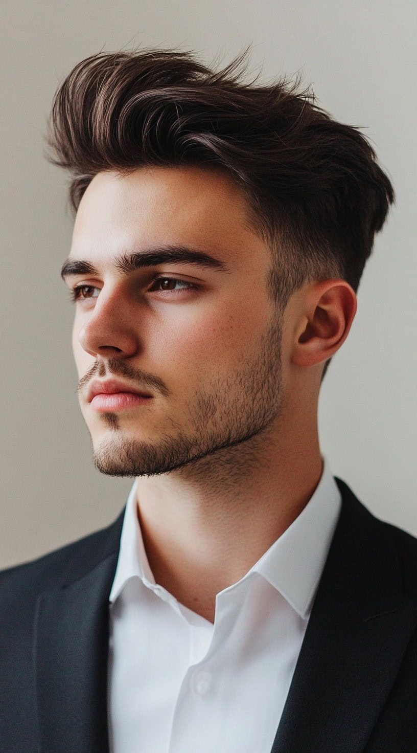 A young man with a textured quiff, wearing a suit and looking away from the camera.