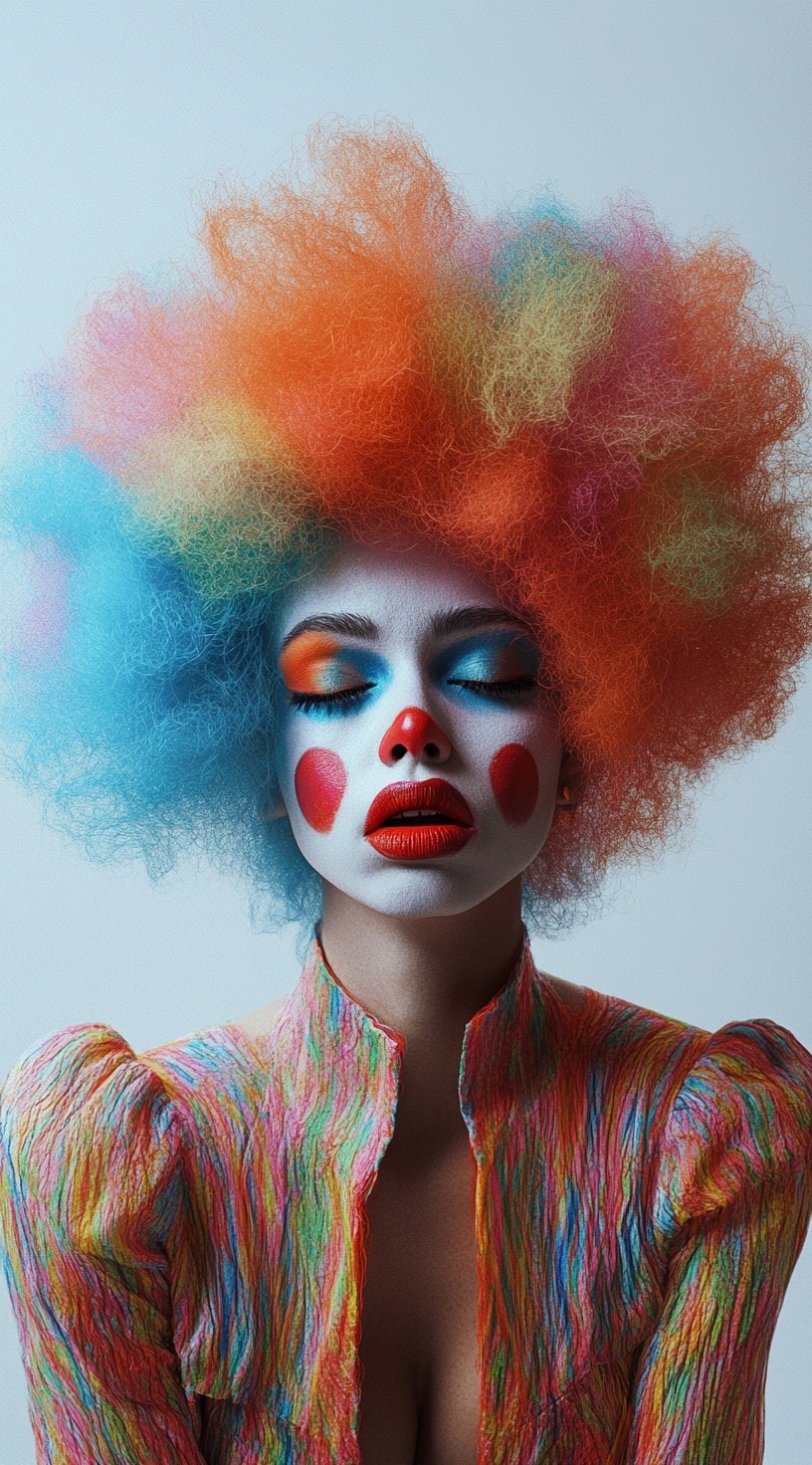 Vibrant afro in rainbow colors with clown makeup.