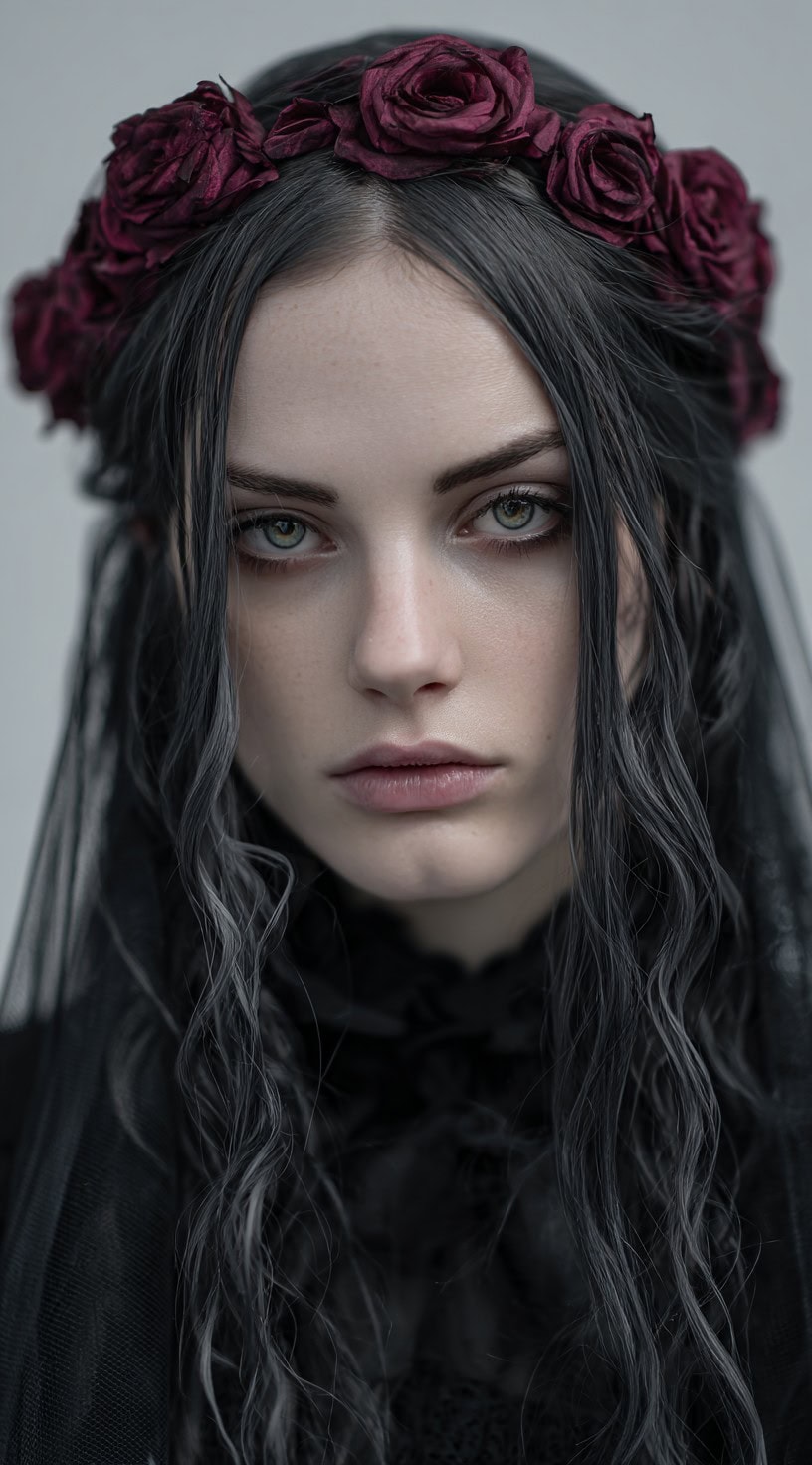 A woman with long, wavy black hair adorned with a crown of deep red roses and wearing a black lace veil.