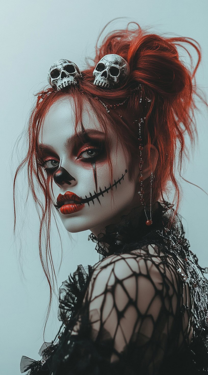 A person with bright red hair styled into an updo with skull accessories and dramatic skeleton clown makeup.