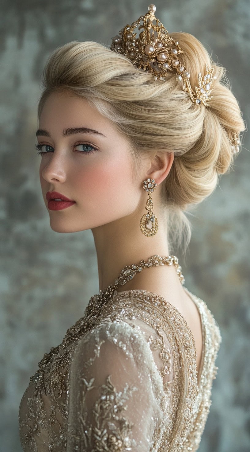 Profile view of a woman with a regal updo topped with an ornate pearl crown.