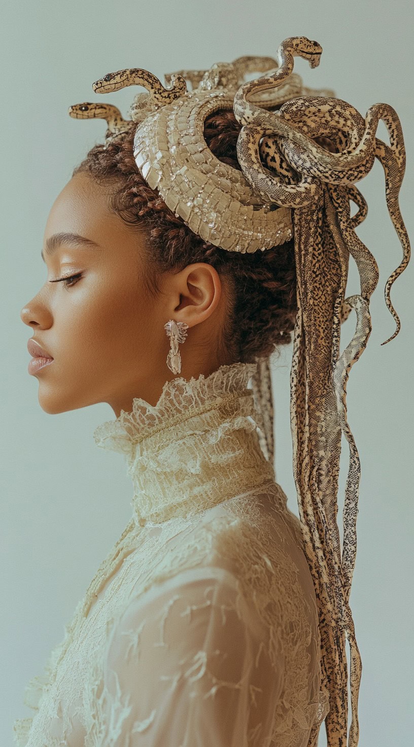 Profile of a woman with an elaborate updo decorated with fake snakes and snake-skin patterned ribbons.