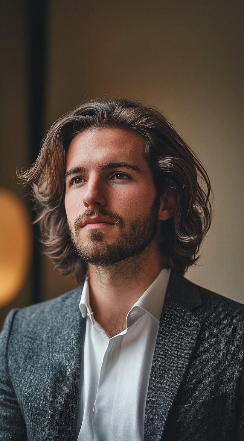 A man with relaxed, wavy hair and a beard, dressed in a grey suit.