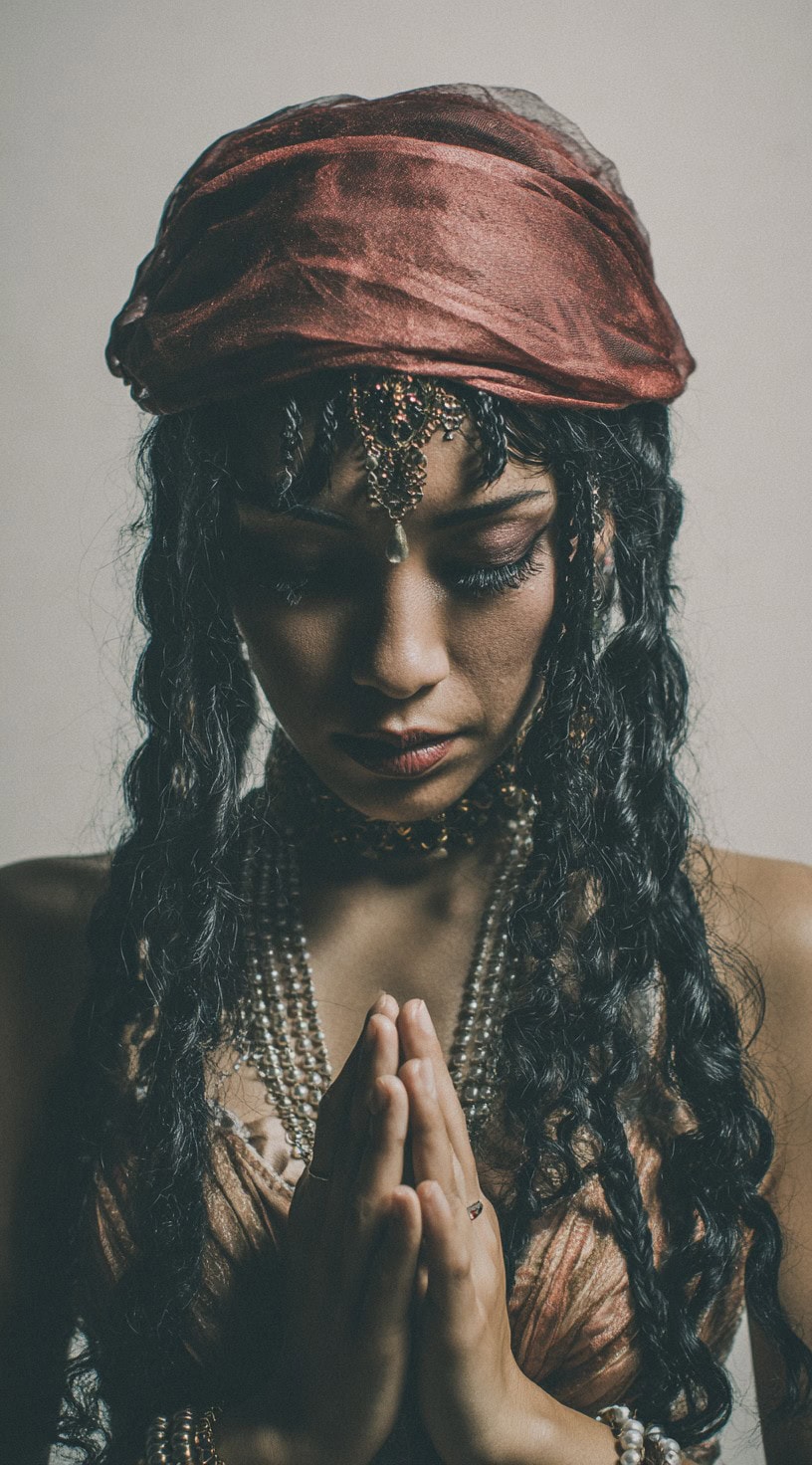 Dark-haired woman with loose, curled hair under a shimmering red headscarf, hands in a prayer pose.