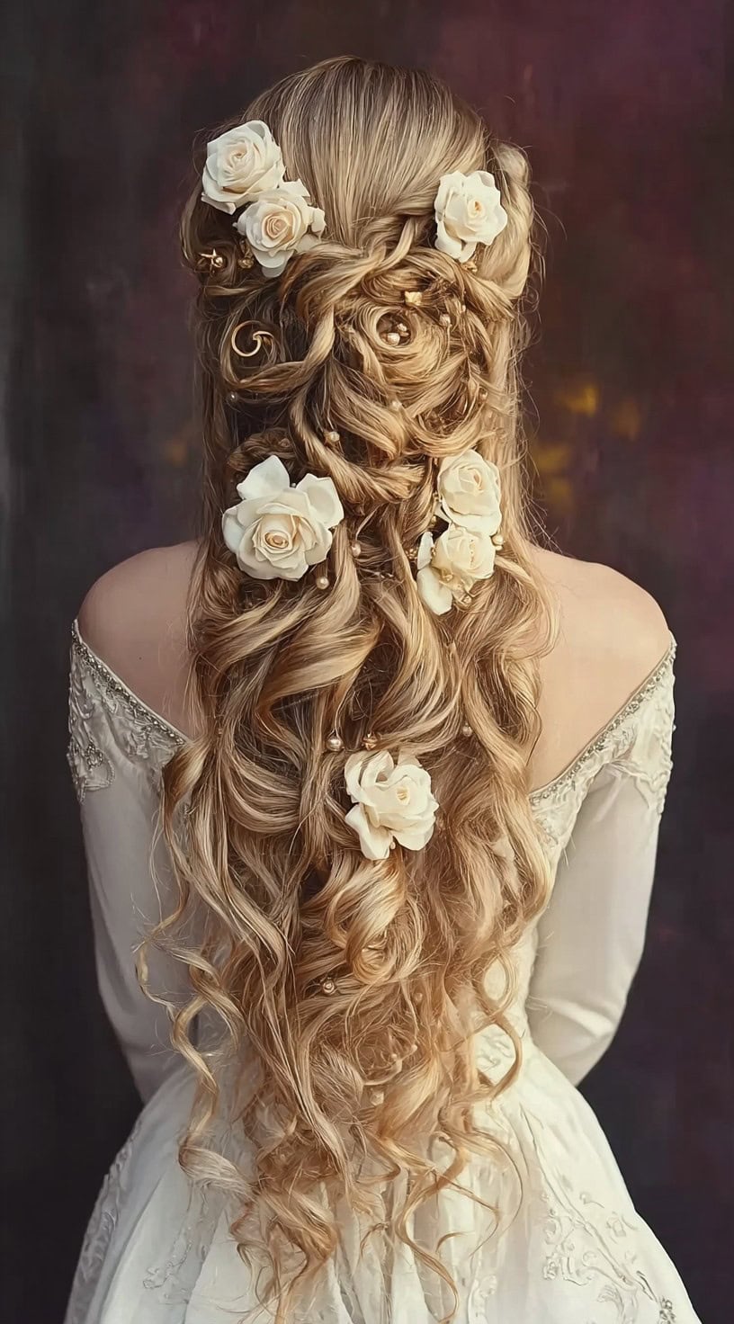 A back view of a long curly half-up hairstyle decorated with ivory roses and pearl accents.
