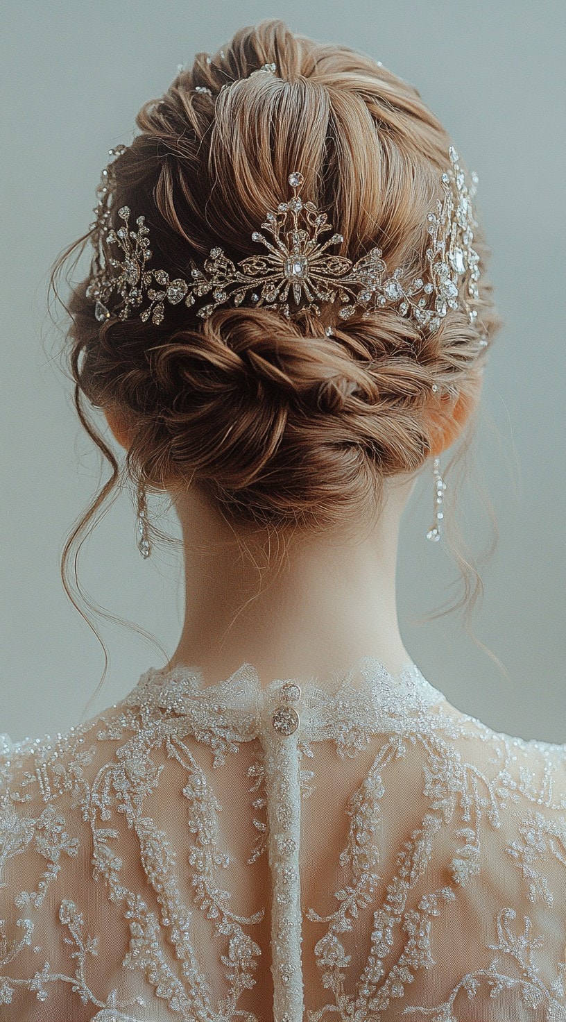 Back view of a woman with a romantic twisted updo, adorned with a sparkling crystal headpiece.