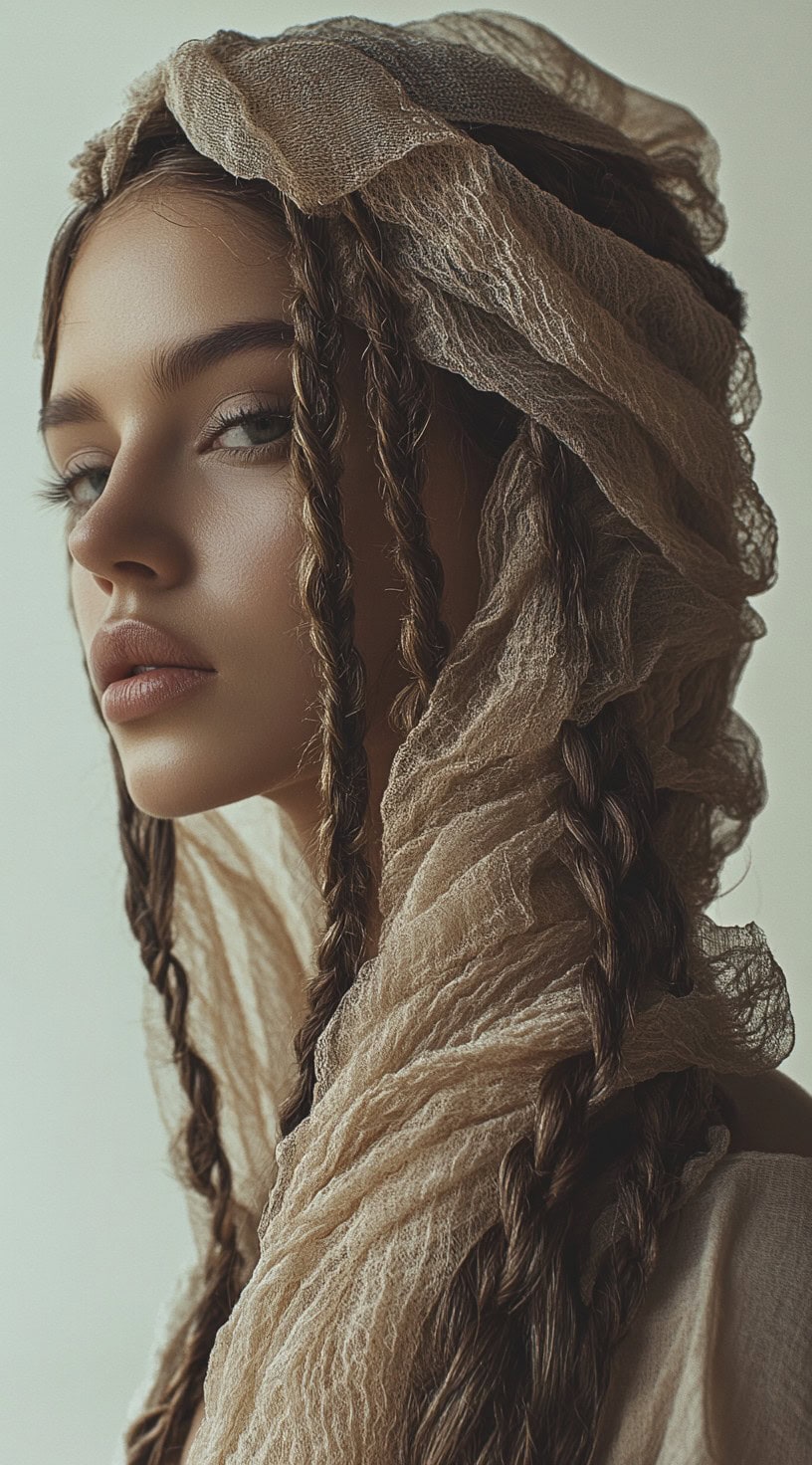 This photo depicts a woman with braids adorned with Middle Eastern accessories.