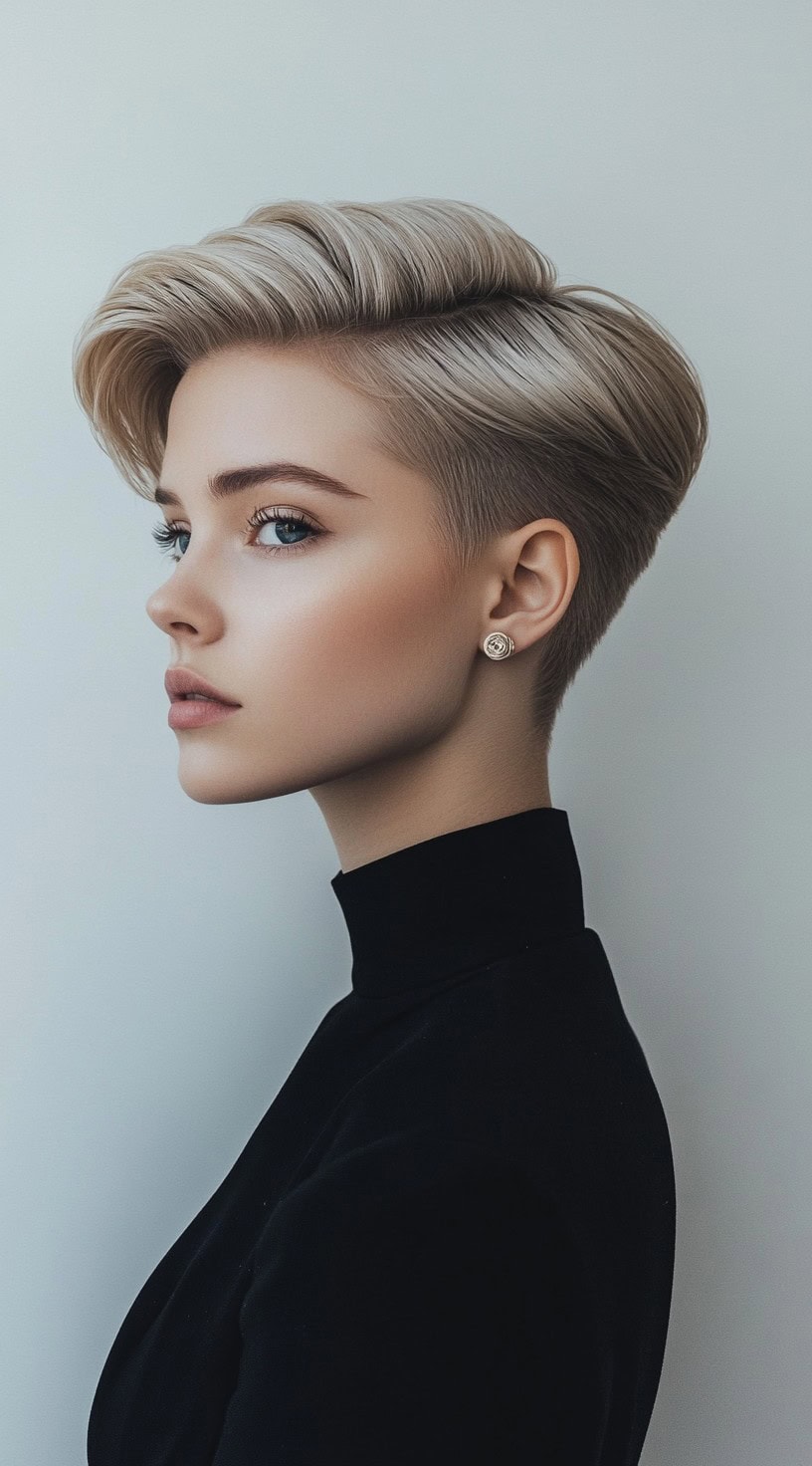 A side profile of a woman with a sculpted pompadour pixie cut, featuring a voluminous top and closely cropped sides.